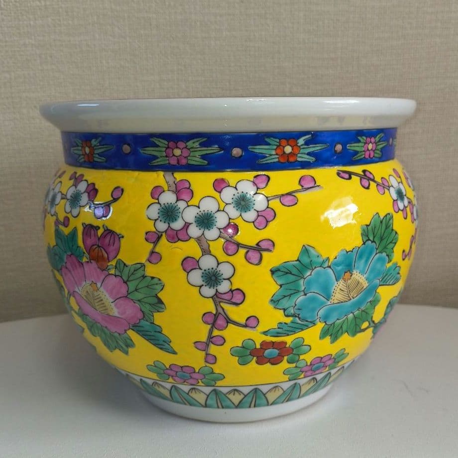 手描き鉢　鳥と花柄　黄色　置物　美術品　アンティーク　珍品　昭和レトロ　睡蓮鉢