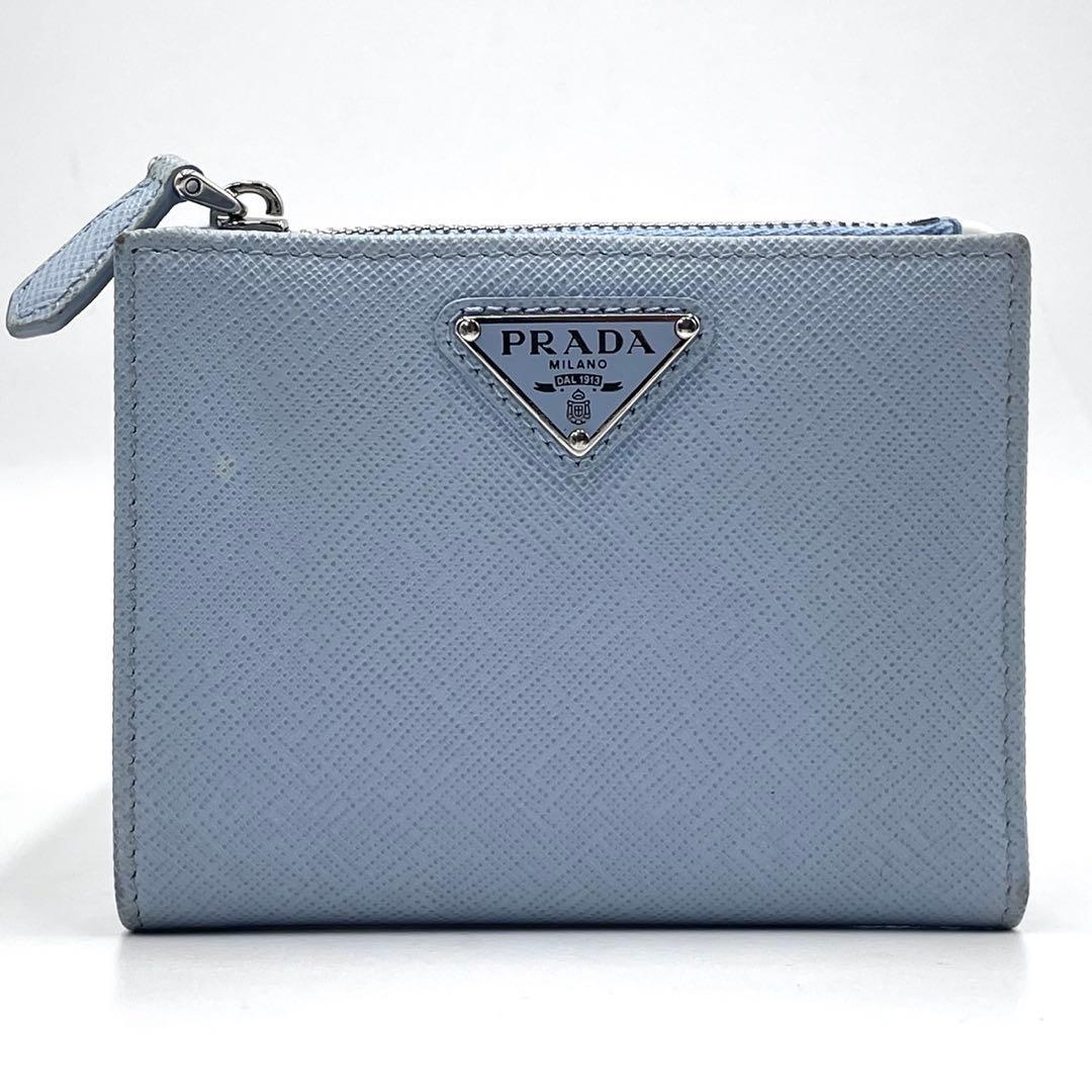 極美品/現行モデル● プラダ 折り財布 二つ折り 三角ロゴ サフィアーノ ブルー