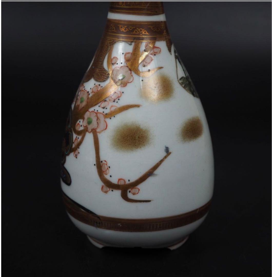 送料無料　明治～大正　古い九谷焼　松鶴梅図徳利一対　本金使用