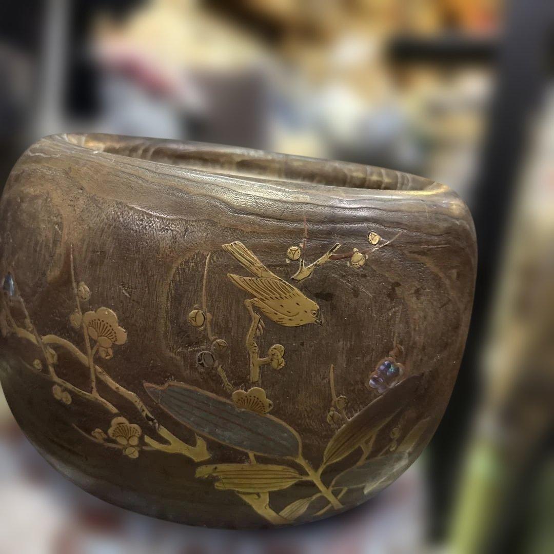 美品　時代　桐火鉢　秋草蒔絵 火鉢　螺鈿入り　茶道具　骨董品　木製火鉢　100年