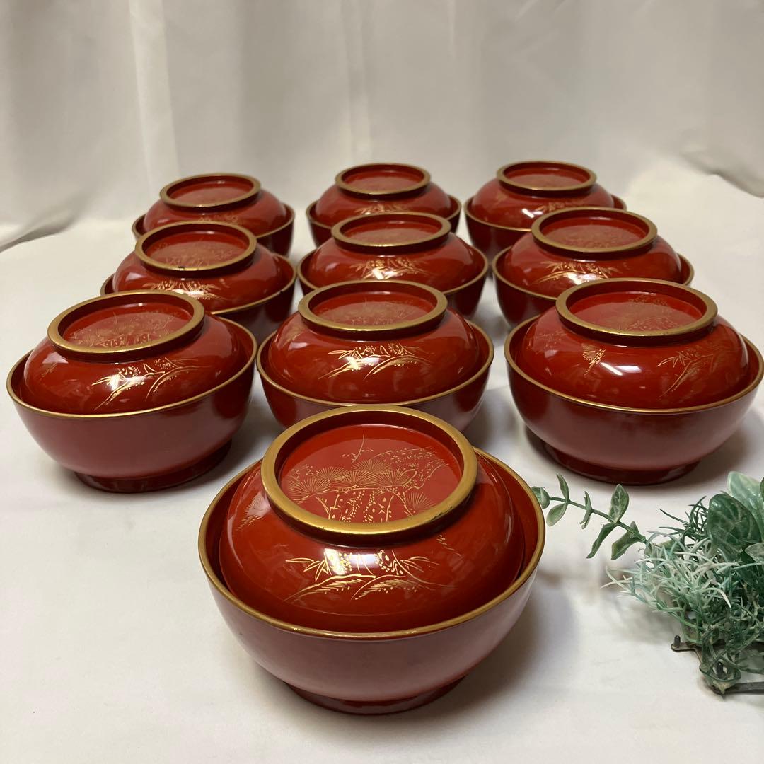 大正時代　木製漆器　蓋付汁椀　10客　菓子椀　松竹梅　漆沈金蒔絵 木箱付　雑煮椀