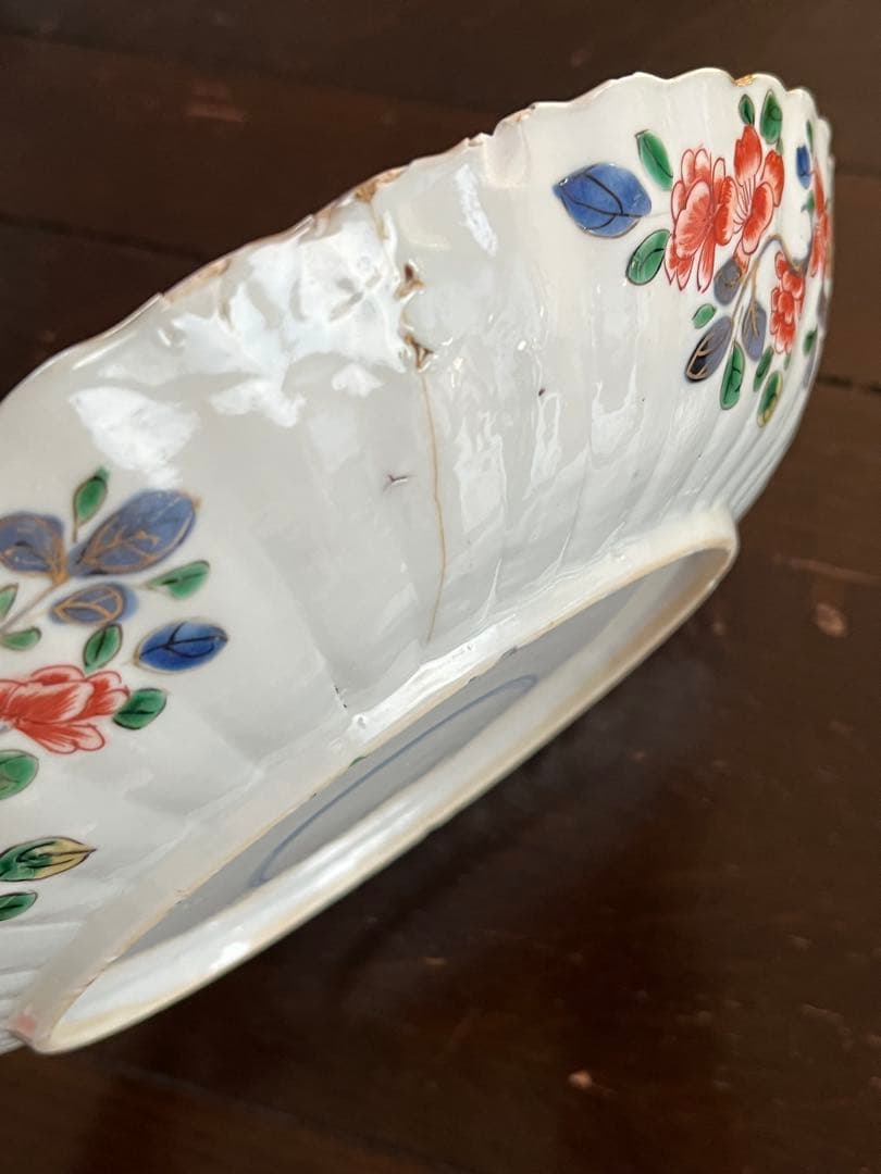 希少清朝初期　康熙年間　五彩　桜花輪花八寸皿　花籠　中国古玩古伊万里中国古美術