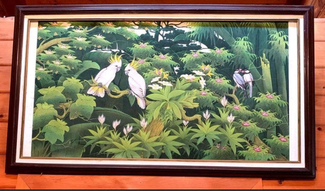 鳥と植物の風景画　鳥　オウム　森林　ハワイ　絵画　緑　バリ　花　南国　絵　小鳥