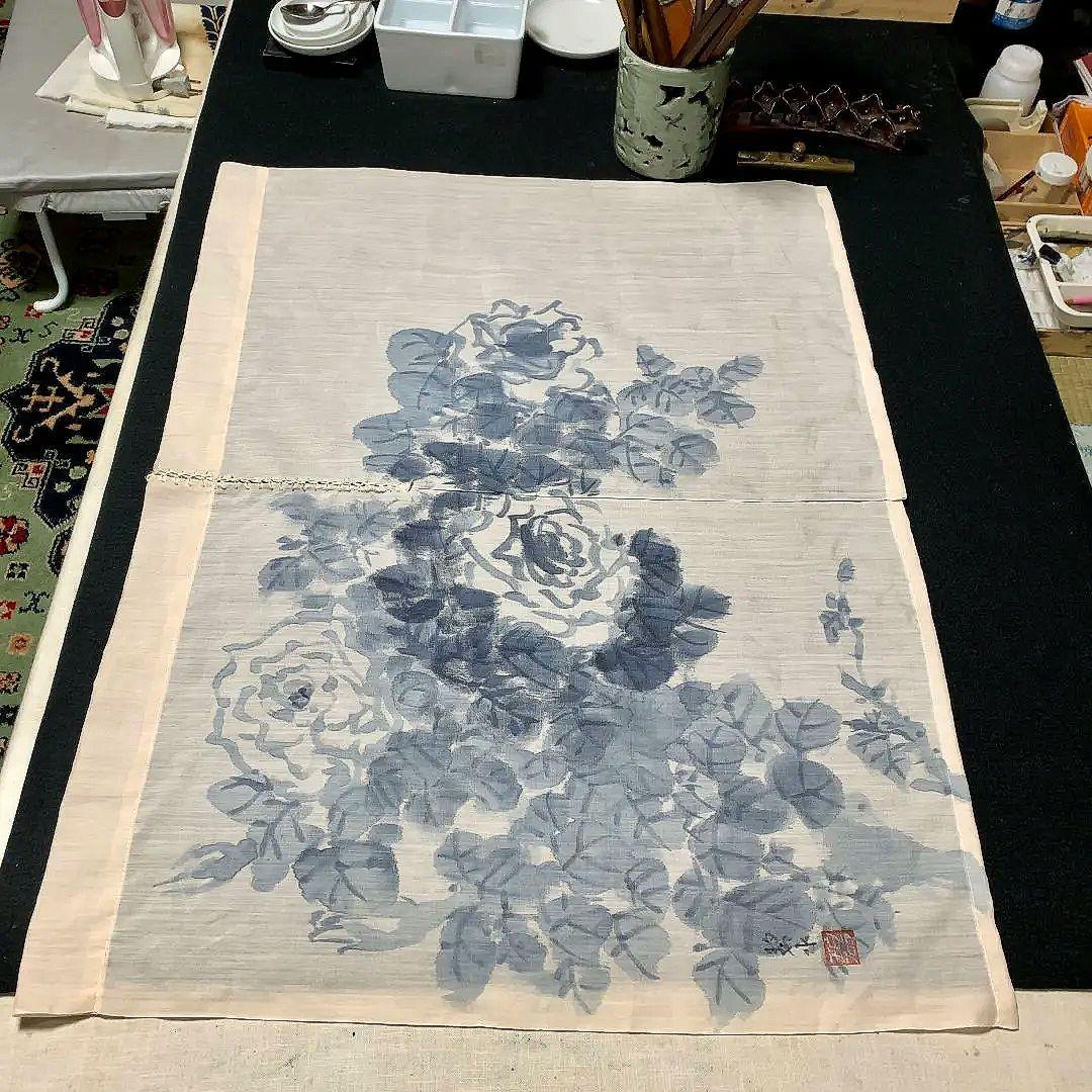 暖簾 本麻 藍墨『薔薇』水墨画家による肉筆 一点物
