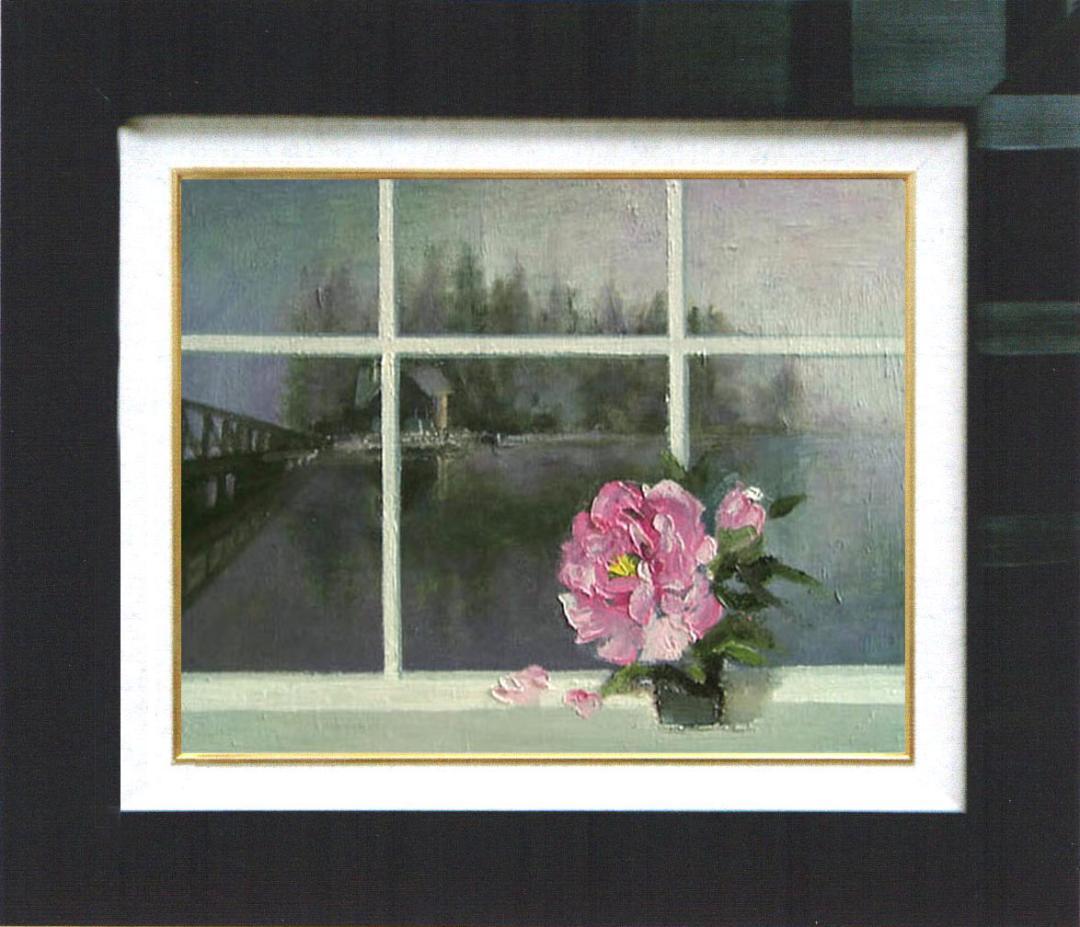 油絵 菅家令子 絵 絵画インテリア 額付(青緑＋金色の枠) F4-070602花