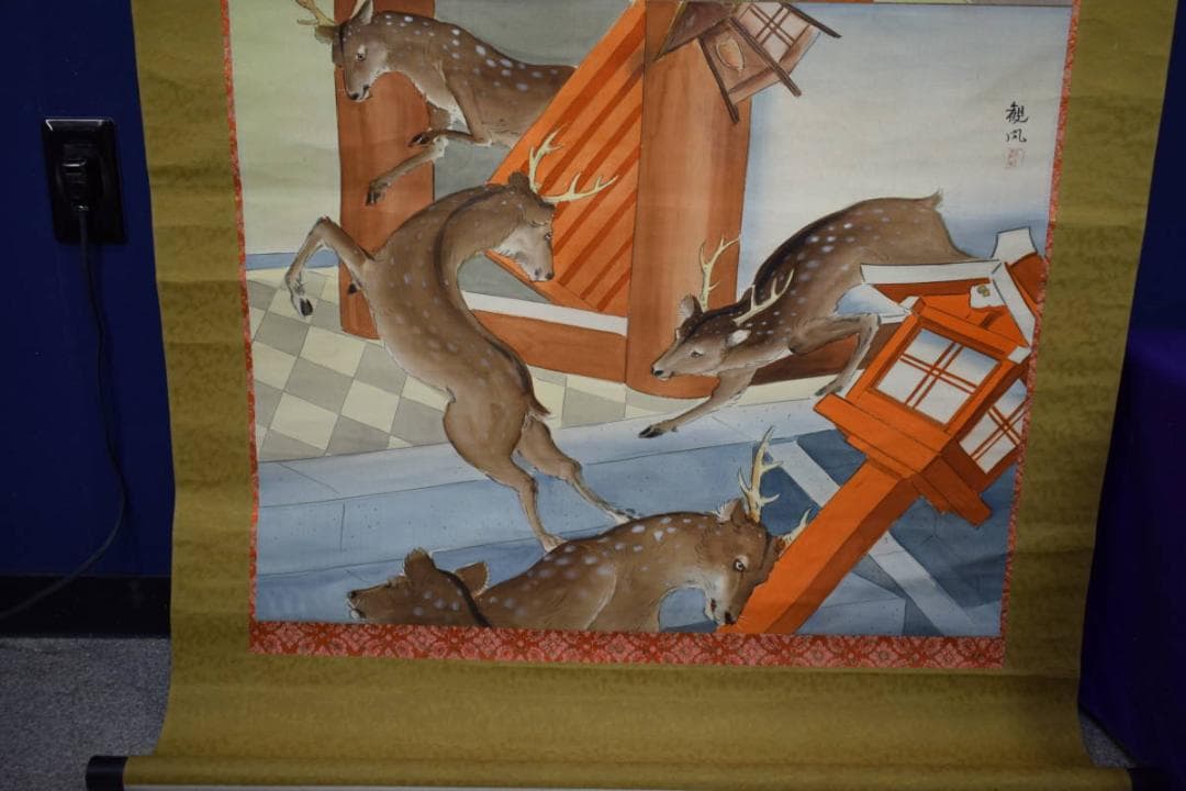 真作/観風/親鸞聖人/神鹿/春日明神/岡崎/能舞図/大幅/布袋屋掛軸HK-77