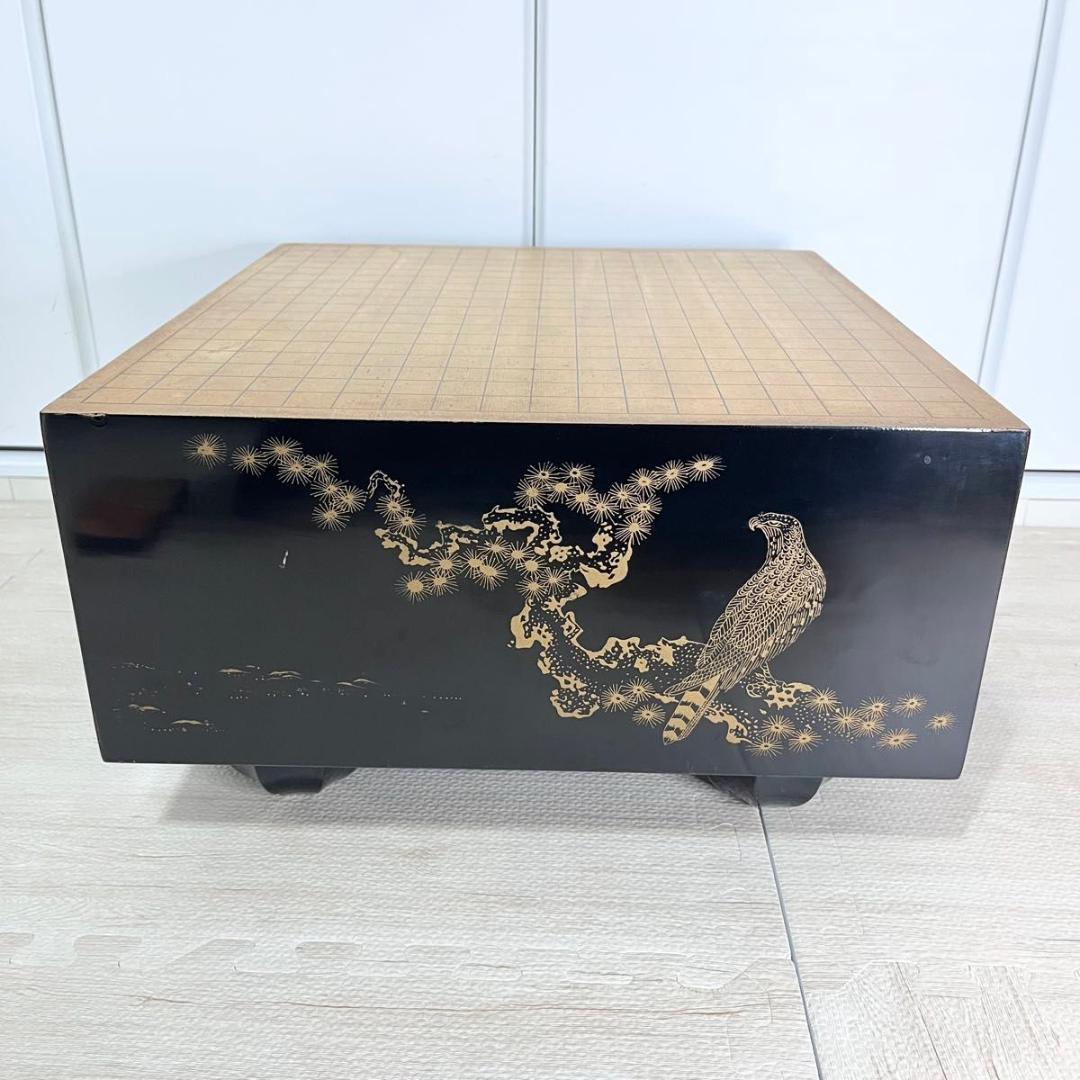 碁盤 黒漆塗 金蒔絵 鷹 松 柾目 高級 6寸盤 厚さ18㎝