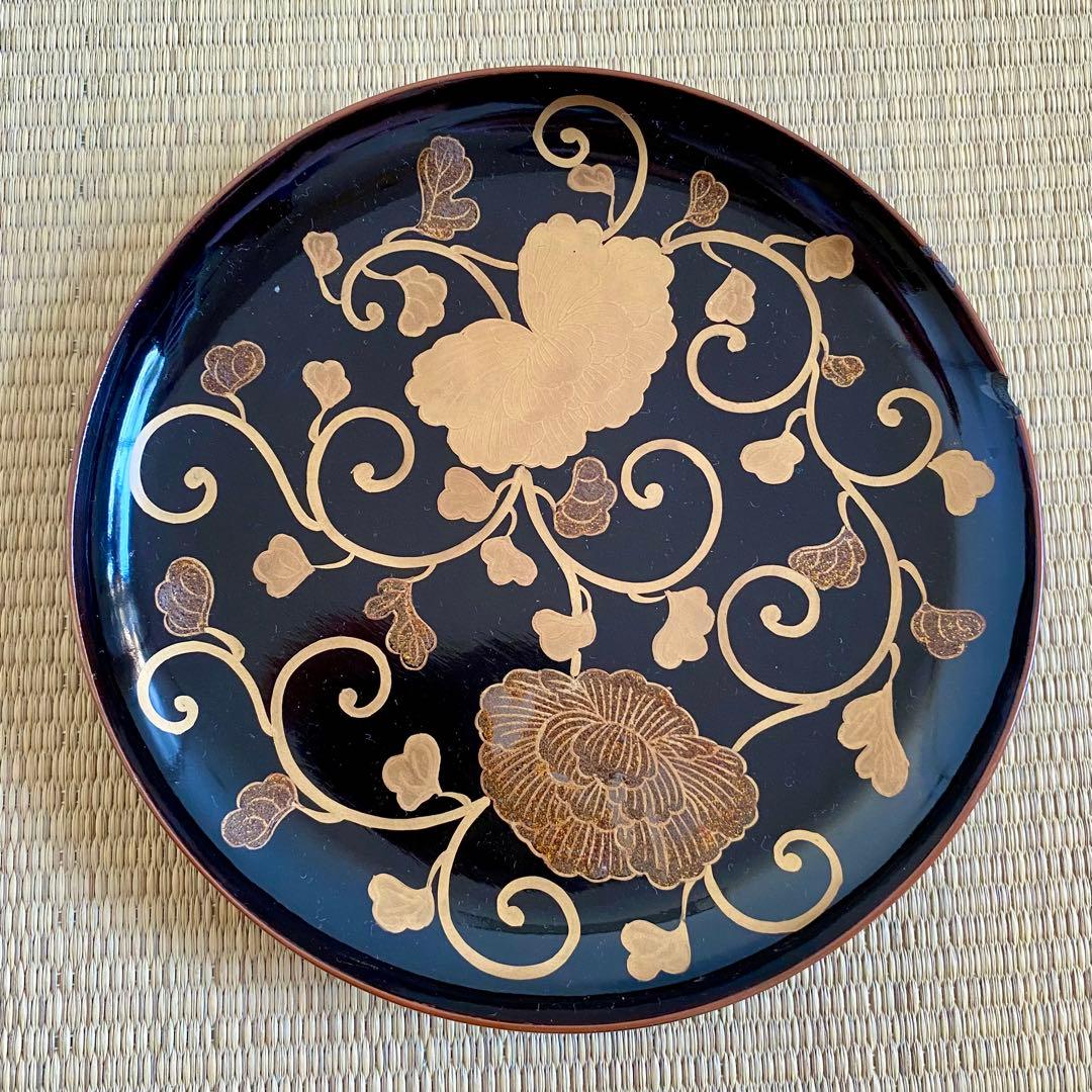 時代 輪島塗【牡丹唐草金蒔絵 銘々皿5客組】菓子皿 天然木 漆塗 懐石 茶道具