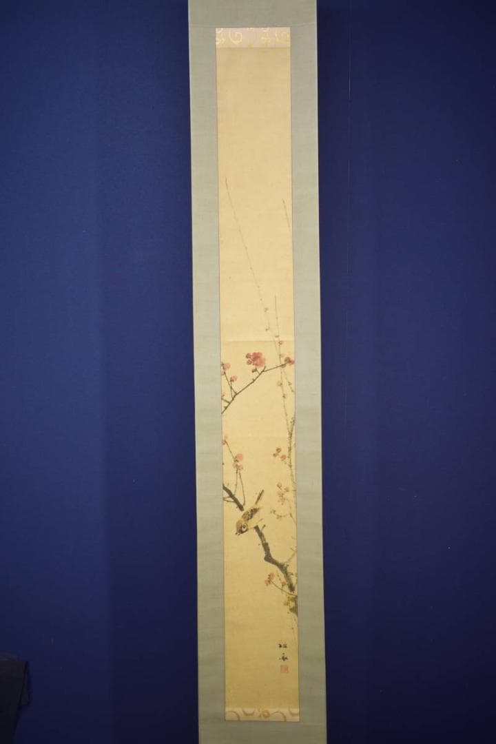 真作/備後福山生/羽田桂舟/紅梅雀図/布袋屋掛軸HI-680