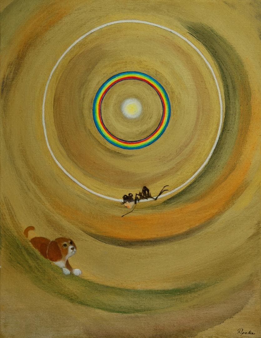 油絵菅家令子絵 絵画インテリア額付(青緑＋金色の枠)F6-070119祈り犬女子