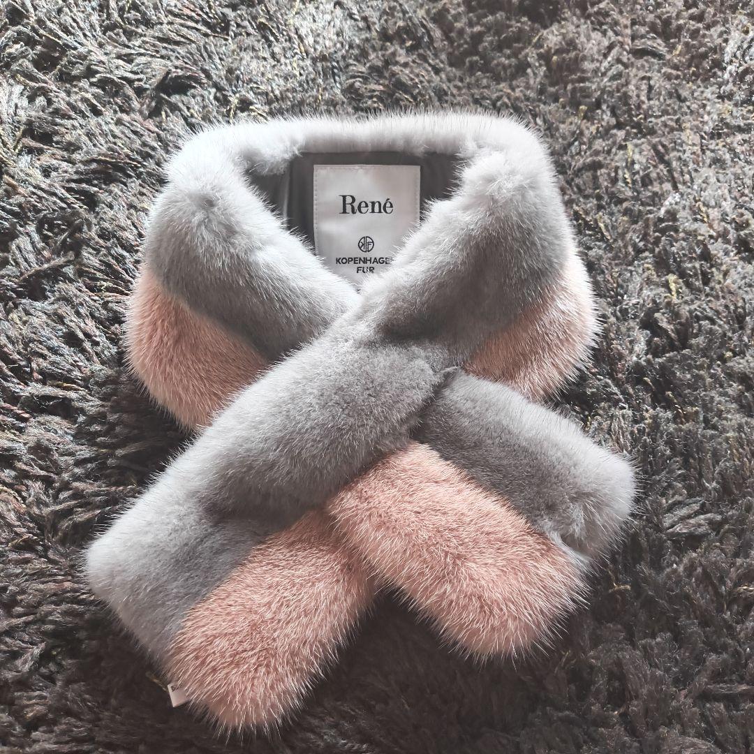 René グレー/ピンク ミンクマフラー