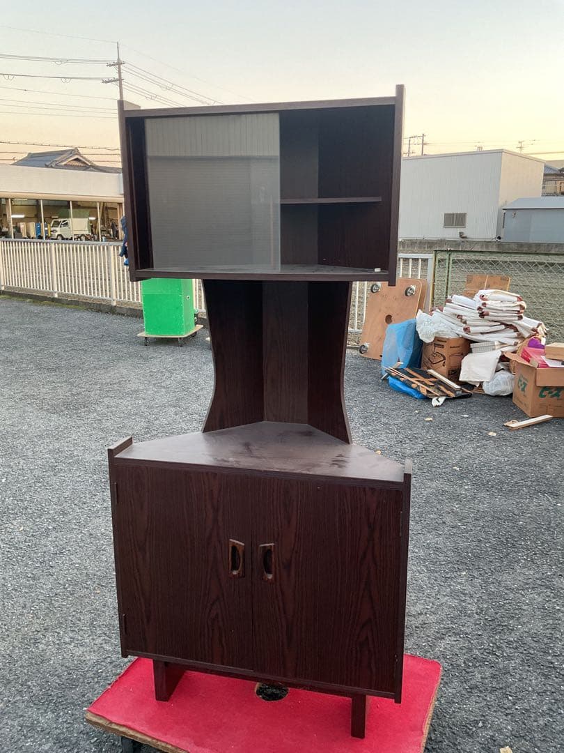 レトロ木製コーナーキャビネットガラス扉収納棚家具昭和