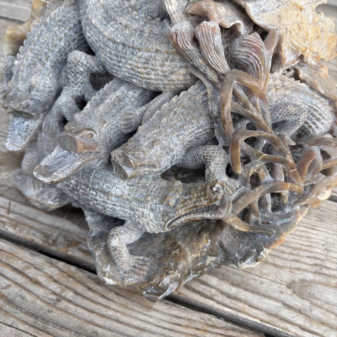 中国骨董 ワニ 置物 彫刻 天然石 オブジェ レトロ ジャンク ワニ群像 置物