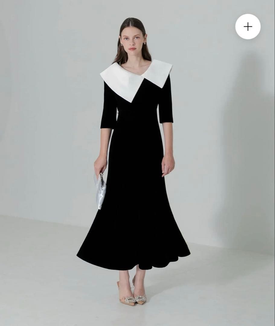 【LEJA】配色アシンメトリービッグカラーベロアマーメイドシルエットドレス