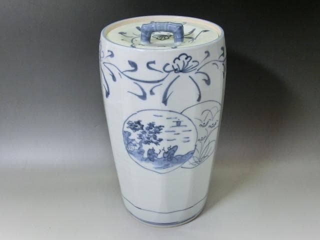 水指■平安 祥堂 染付 完品 古宗付字 中置 窓人物絵 菊 共箱 骨董 古美術■