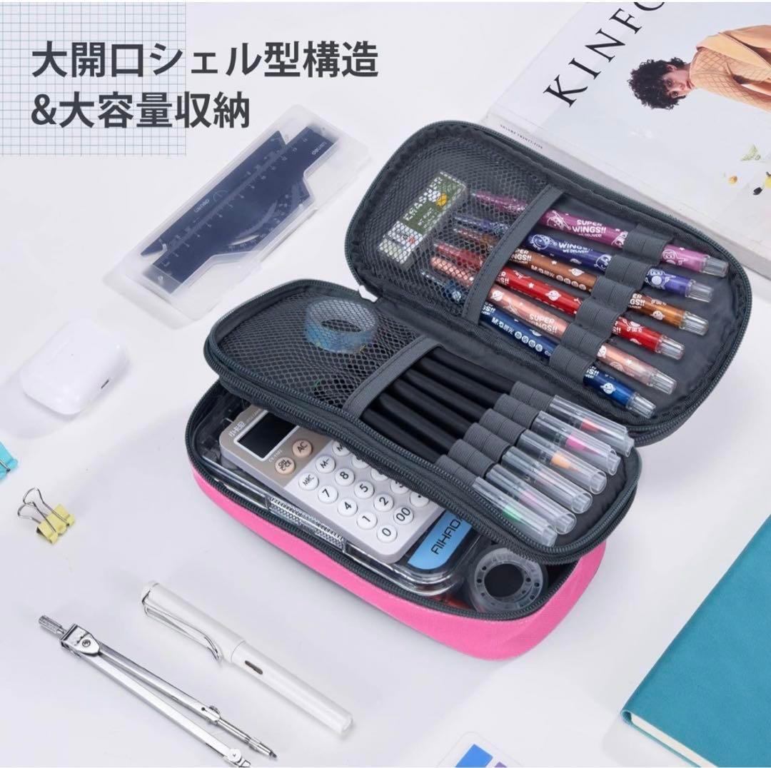 多機能ペンケース　文房具　化粧品　多用途　ピンク　持ち手付き　2段ファスナー