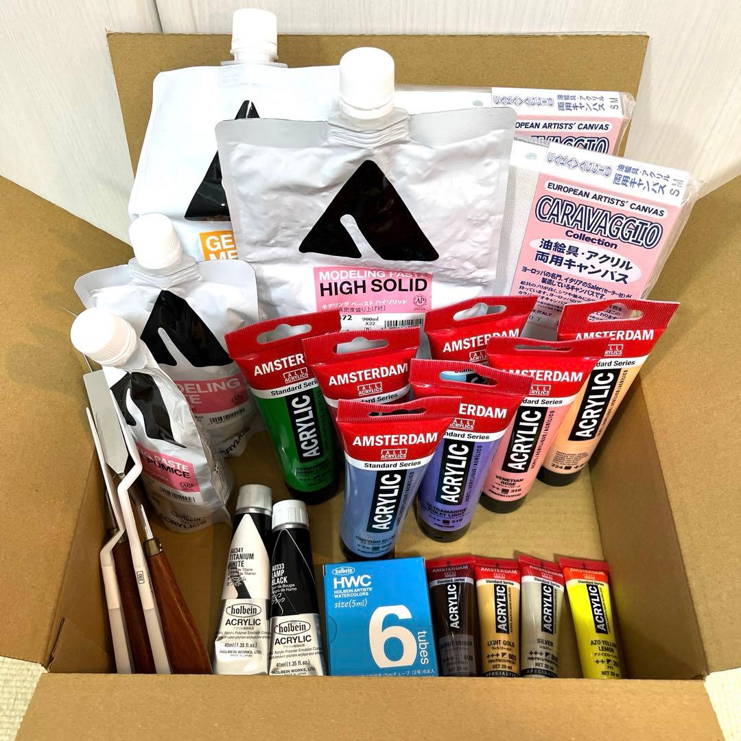 画材まとめ売り メディウム4/アクリル18/ナイフ4/キャンバス2/銀箔