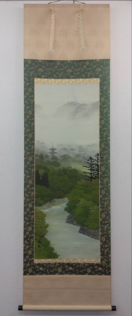 小暮成起【師：前田青邨】彩色山水　絹本　掛軸