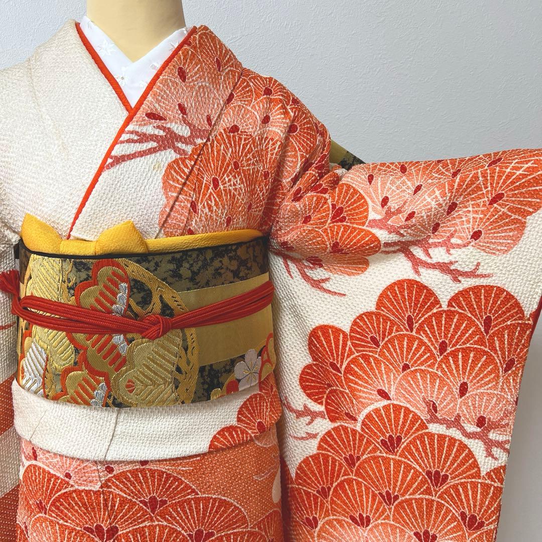 444 振袖フルセット 正絹 朱赤 オレンジ 絞り 藤娘きぬたや 高級 小柄さん