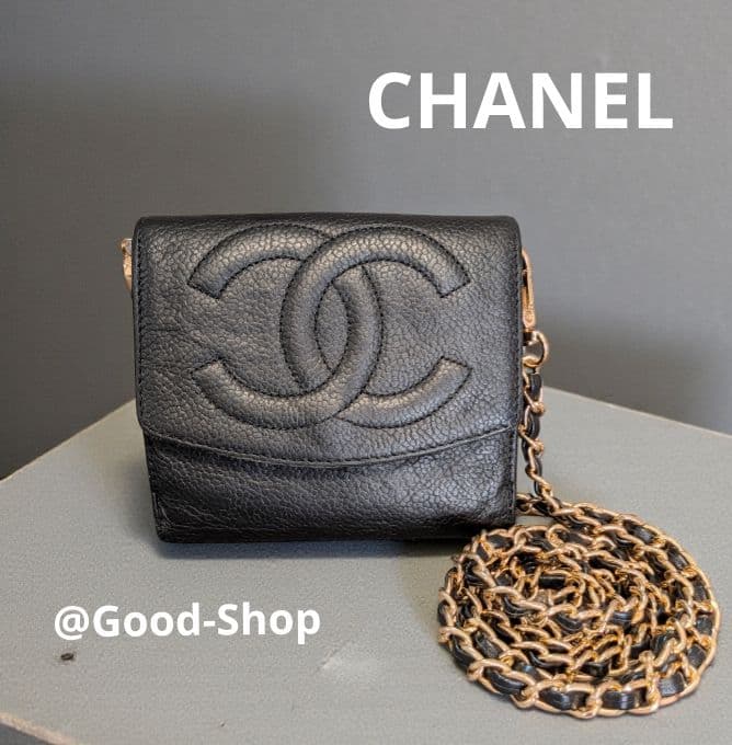 シャネル　デカココ　Wホック折り財布　黒　キャビアスキン　チェーン　ウォレット