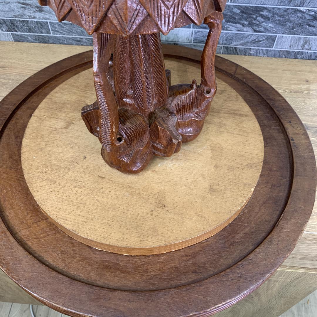 インド民芸品　木彫り机　天板直径51.5㎝サイズ　花台　サイドテーブル