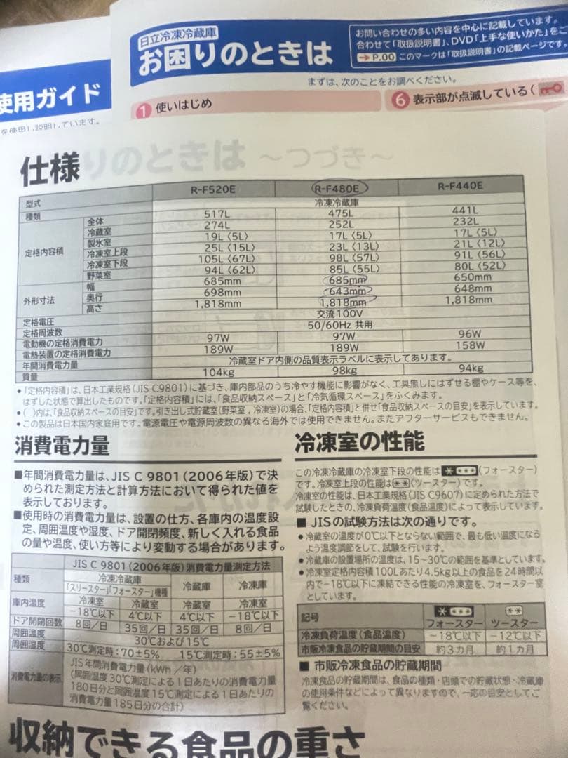 HITACHI 日立 大型冷蔵庫 475L R-F480E