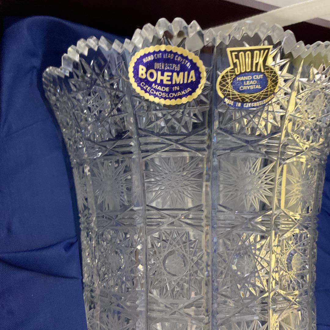 BOHEMIA GLASS ハンドカットフラワーベース クリア 未使用ケース入