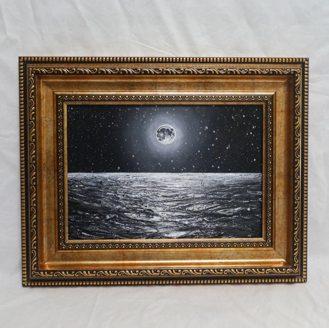 【作品名】：油絵【白黒の満月と星空の海】