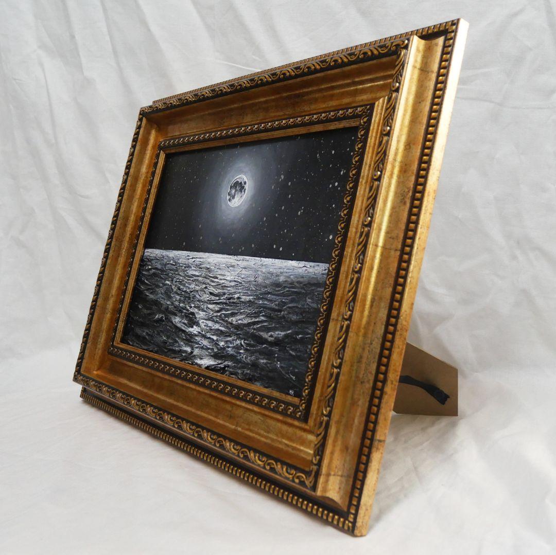 【作品名】：油絵【白黒の満月と星空の海】