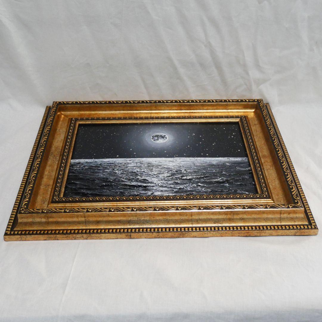 【作品名】：油絵【白黒の満月と星空の海】