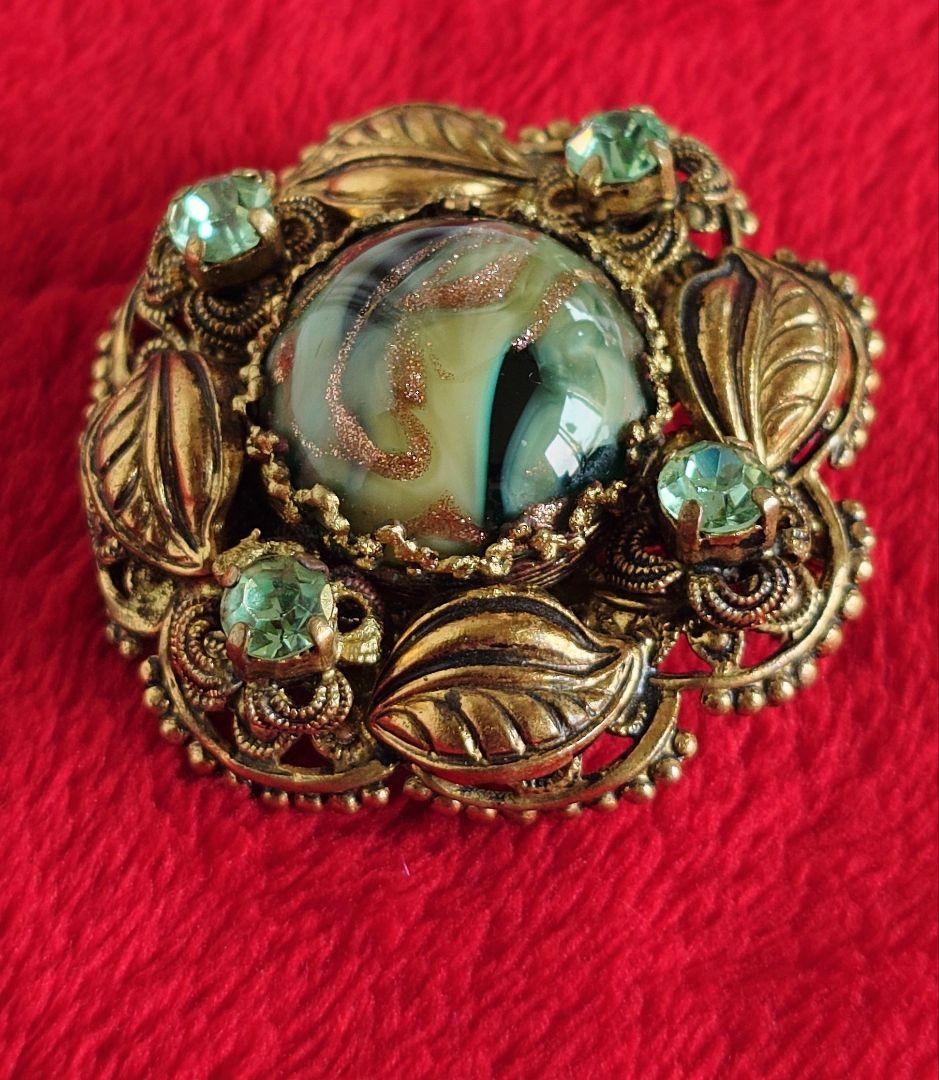 西ドイツヴィンテージ 1950s 希少 ブローチ 植物モチーフ 硝子装飾 D92