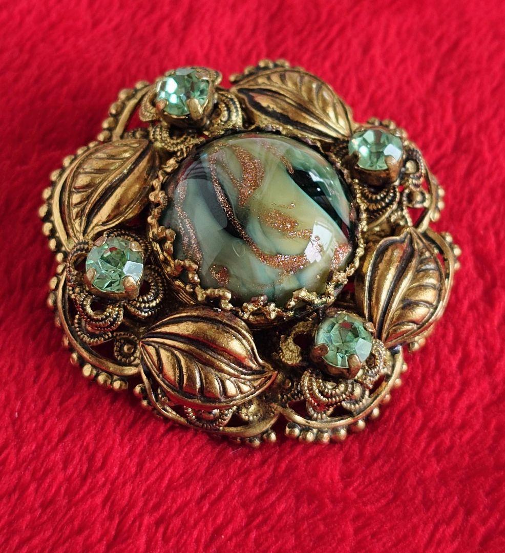 西ドイツヴィンテージ 1950s 希少 ブローチ 植物モチーフ 硝子装飾 D92