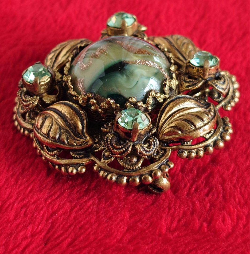 西ドイツヴィンテージ 1950s 希少 ブローチ 植物モチーフ 硝子装飾 D92