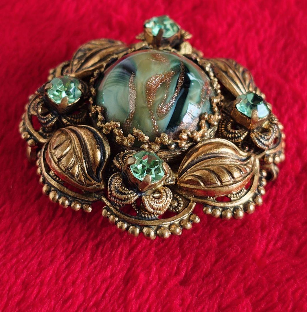 西ドイツヴィンテージ 1950s 希少 ブローチ 植物モチーフ 硝子装飾 D92