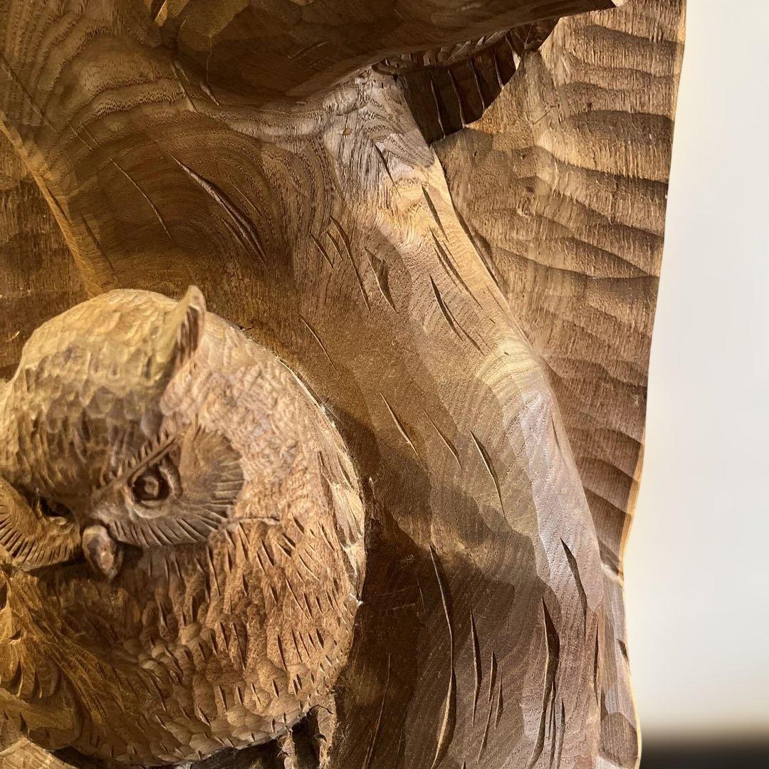 フクロウ 手彫り 在銘 上西捷敏 木彫り 工芸品 彫刻 コレクション　送料無料