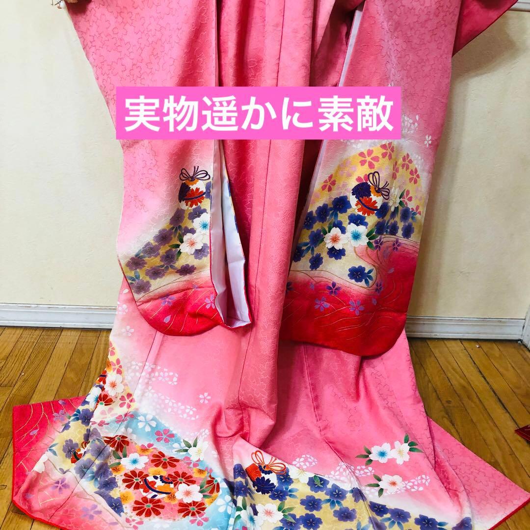 七五三7歳正絹‼️人気ピンク暈し手毬花々煌びやか際立つ⭐︎安心フルセット銘品