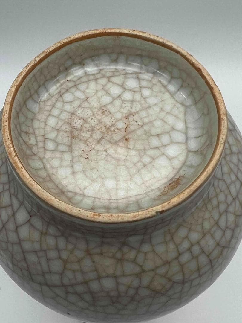 宋時代　青磁　哥窯双獸耳弦文盤口瓶　【旧家蔵出し】花瓶 水注 花入れ(A-57)