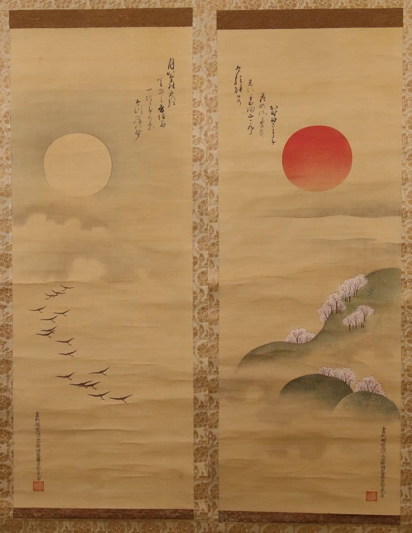 【模写】日本画 江戸期 土佐光貞「吉野山・月に雁」絹本 二幅対 掛軸 M893