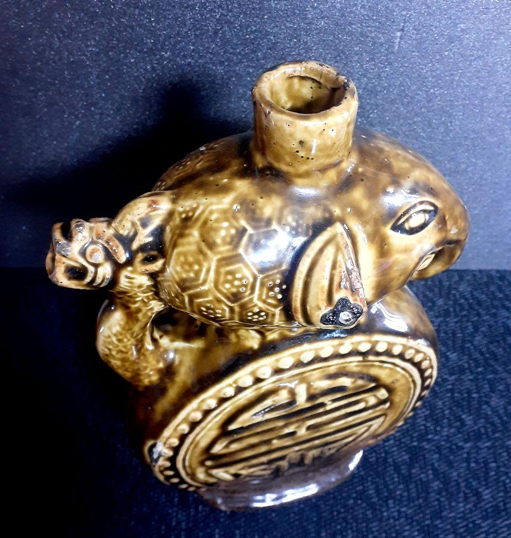 中国古美術　中国古陶磁器　古玩　明朝明代頃　磁州窯系　鉄釉　象取手　獣口　水瓶