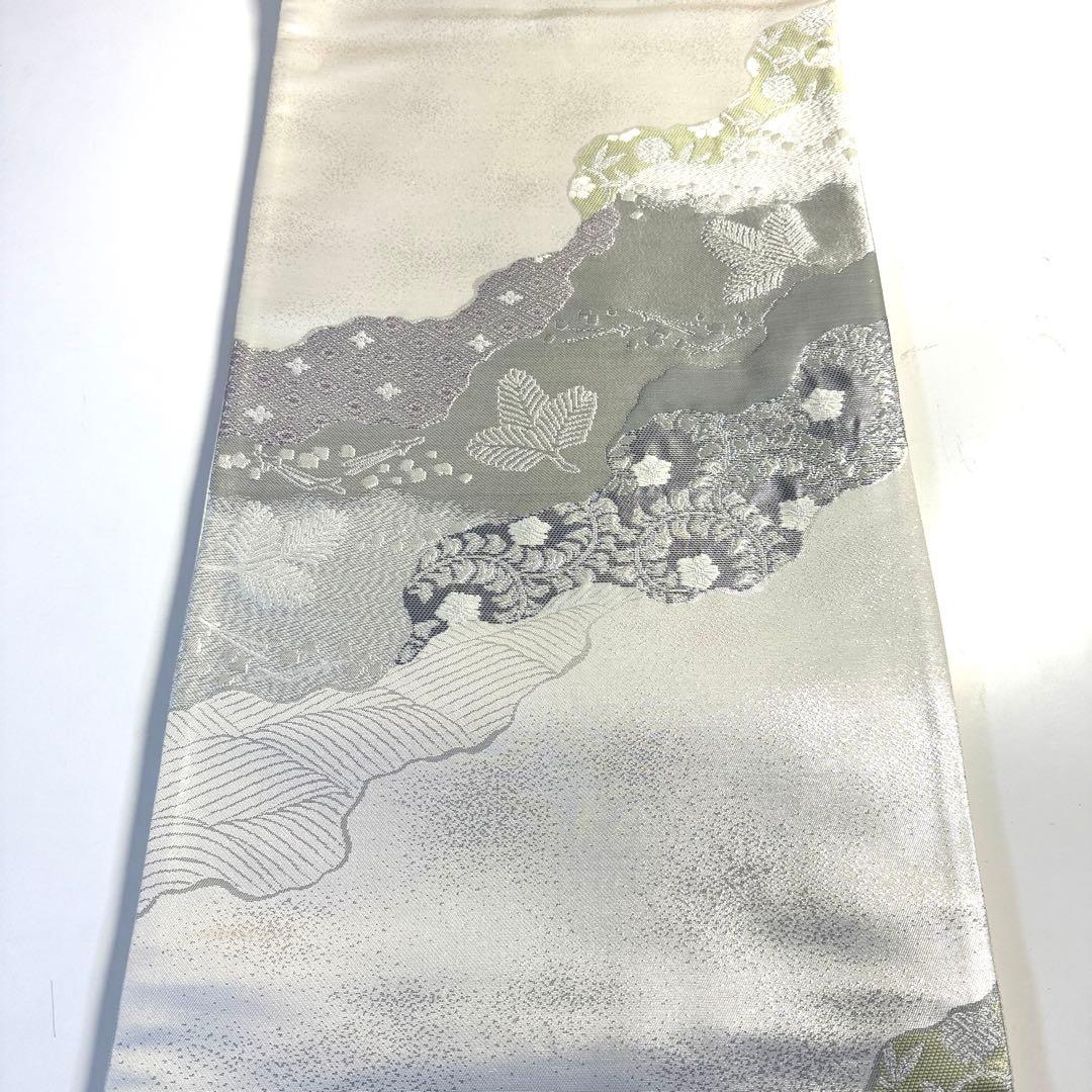 5k2956 袋帯　絹　プラチナ二丁箔　慶長道長文　銀色　白　緑　紫　花柄　和装