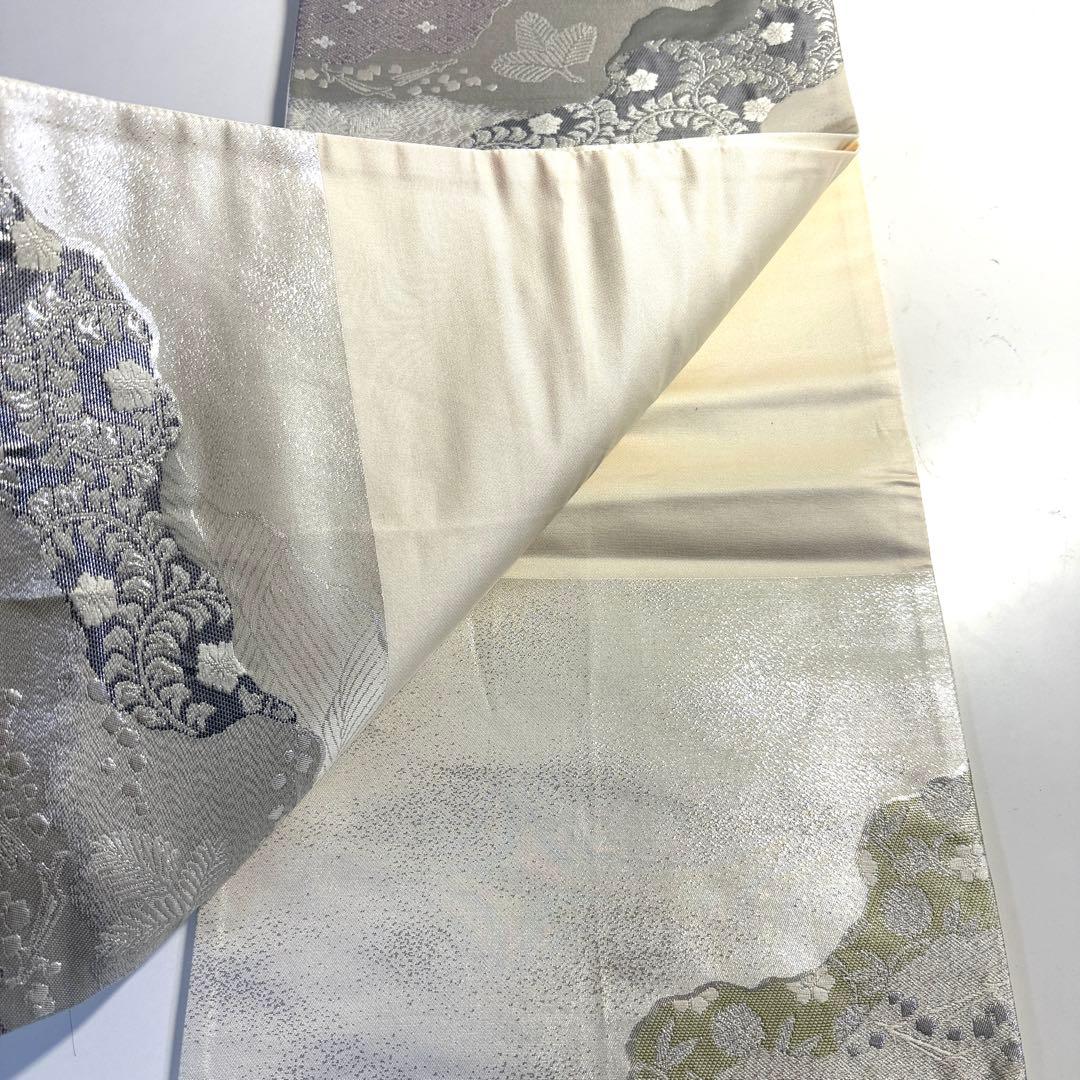 5k2956 袋帯　絹　プラチナ二丁箔　慶長道長文　銀色　白　緑　紫　花柄　和装