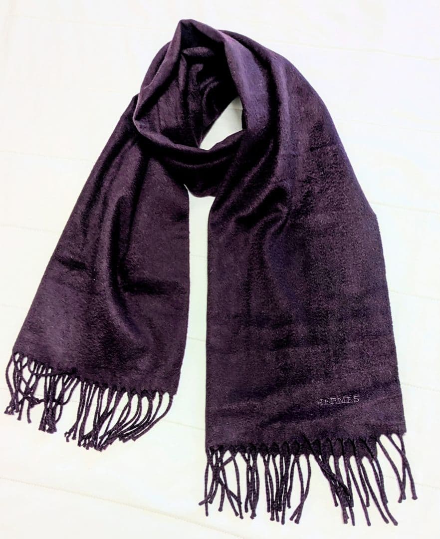 HERMES エルメス カシミヤ 100％ マフラー ロゴ刺繍 パープル系