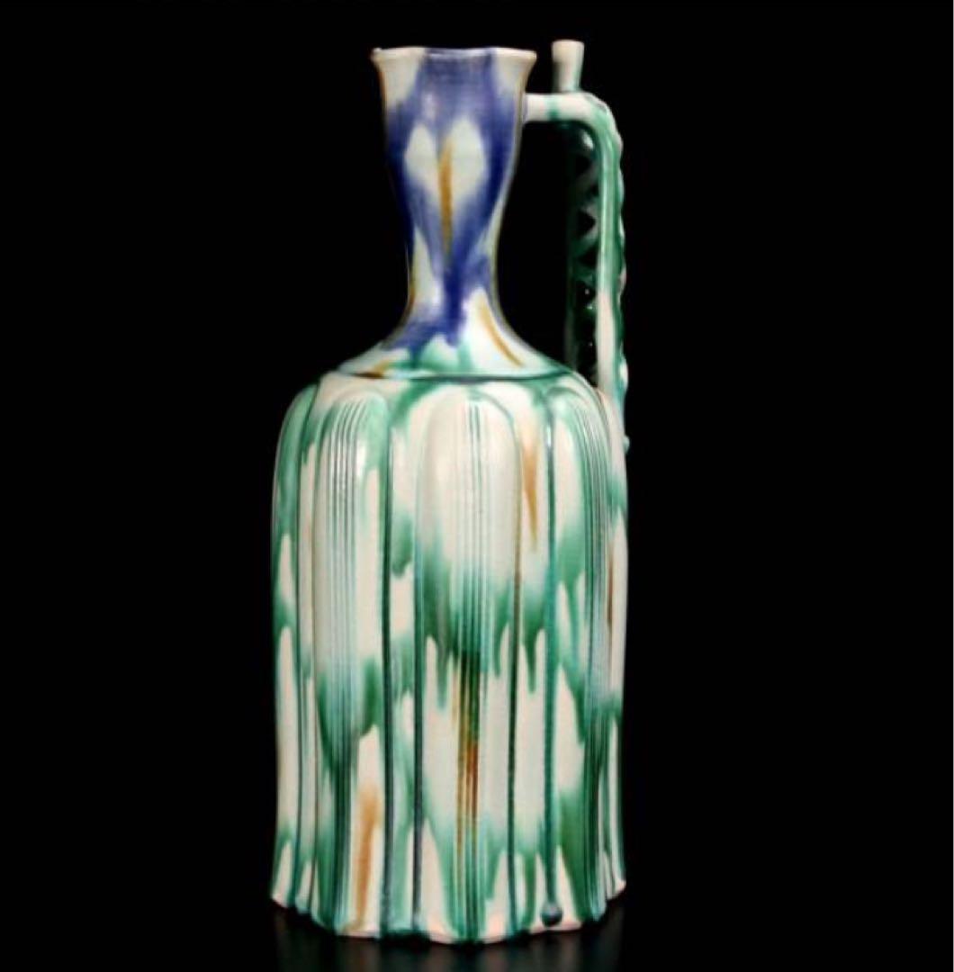 人間国宝 加藤卓男 正倉院復元 三彩 櫛目手付花入 本物保証(チョコ)