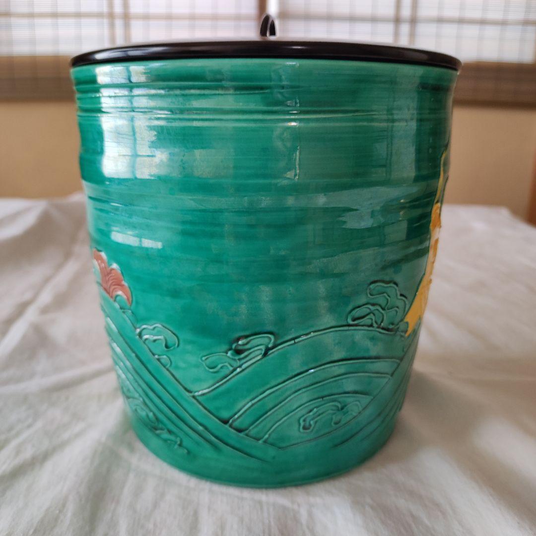 茶道具◆青交趾荒磯文水指◆粟田焼　岡田佳山