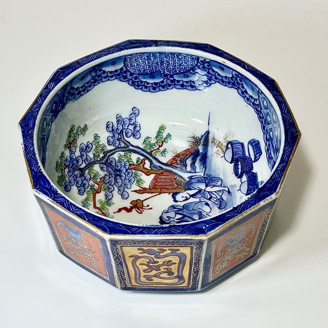 明治初期 山口伊右衛門 染錦面取鉢 伊万里 有田