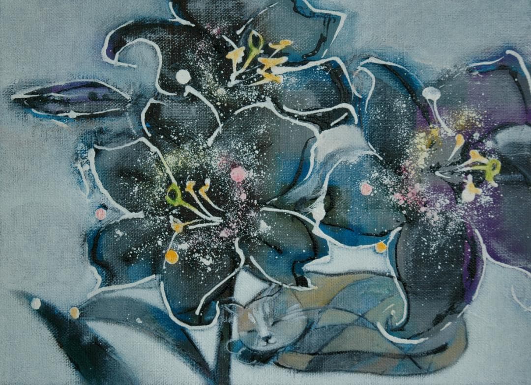 油絵 菅家令子 絵 絵画インテリア 額付(銀) F4-050620 子猫のお昼寝