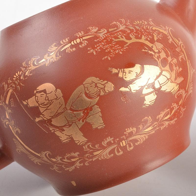 中国　洪星紫砂　朱泥　金彩山水人物文　急須　茶壷　箱付　C　6008