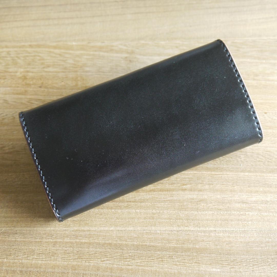 ヌメ革　栃木レザー　サドルレザー　赤タグ付き　ロングウォレット　三つ折り　黒