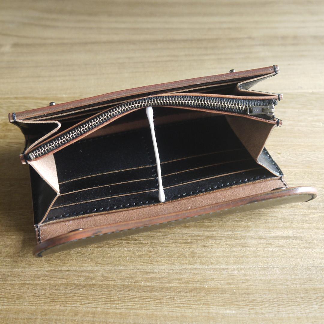 ヌメ革　栃木レザー　サドルレザー　赤タグ付き　ロングウォレット　三つ折り　黒