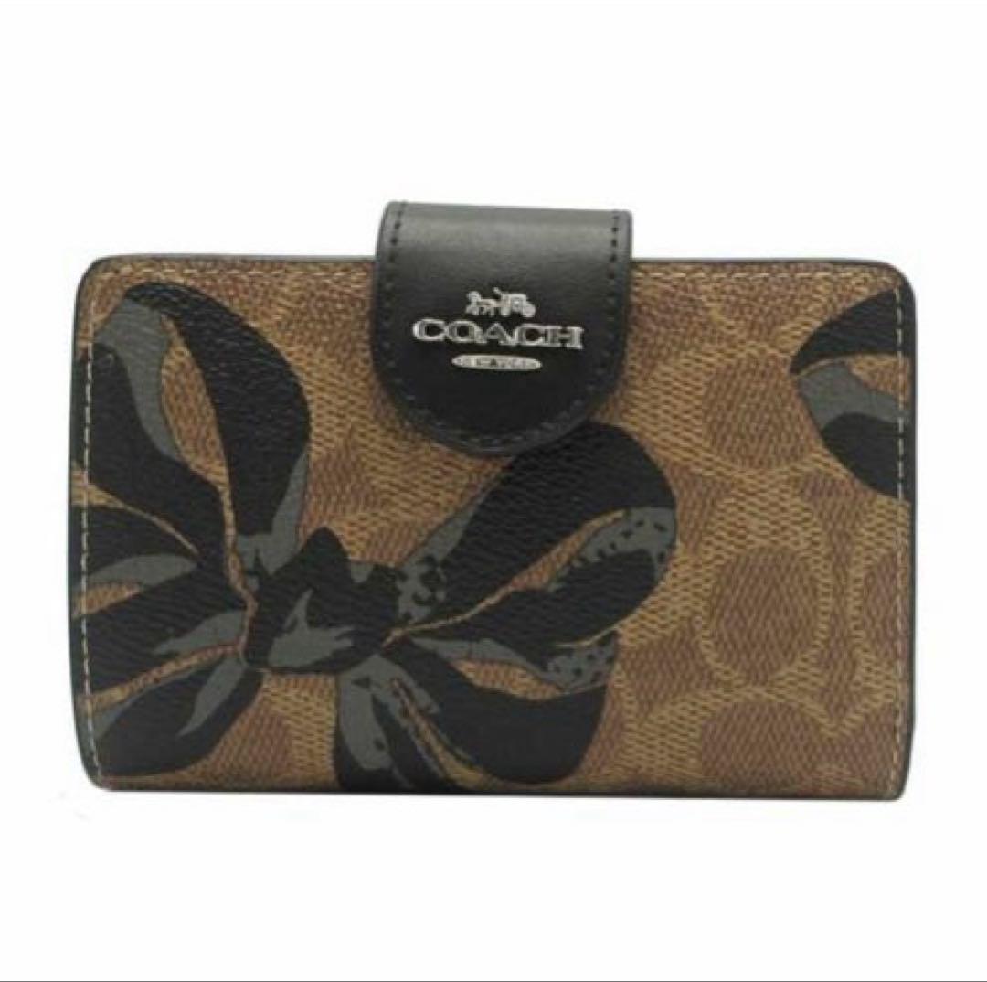 プレゼント 新品未使用 COACH 二つ折り財布 リボン柄大人可愛いシグネチャー